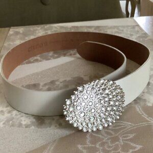 Chico's Cream, White Leather Belt with Diamond-Look Accent (40.5"x1.5")